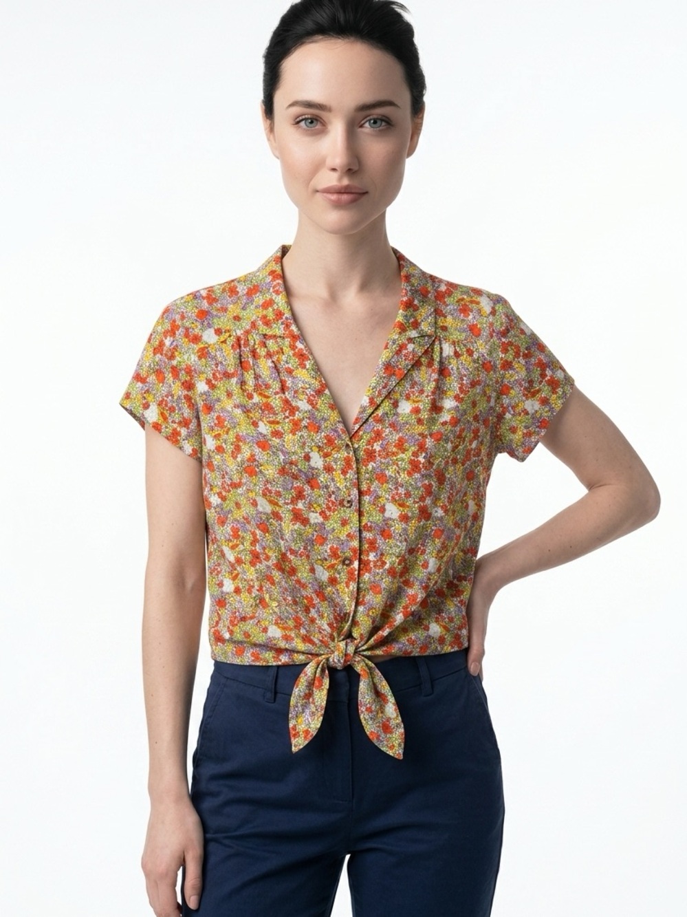 ANTHROPOLOGIE | MAEVE Floral/Fruit Tie-Front Short Sleeve Blouse Women’s Size 12